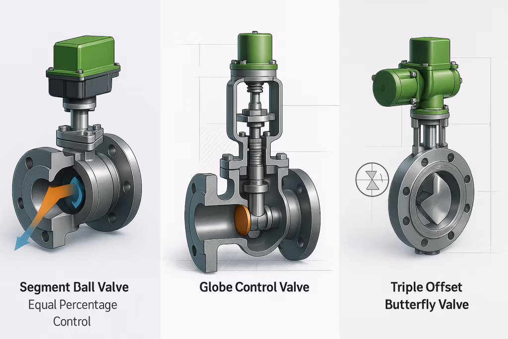 Globe control valve vertical section – plug and seat trim Segment ball control valve with cutaway – equal percentage flow characteristic