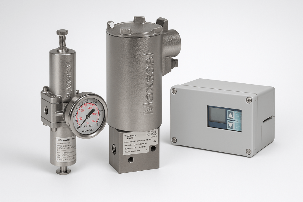 Industrial instrumentation assembly showing a stainless-steel solenoid valve, a pressure regulator with gauge, and a smart positioner, aligned on a light technical background