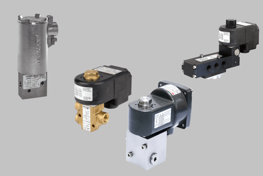 Three industrial solenoid valves, including a stainless-steel explosion-proof Maxseal valve, a brass Norgren direct-acting valve, and a Namur-mounted solenoid valve, displayed in a clean minimal layout.