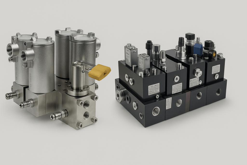 Two types of industrial solenoid valve manifolds, including stainless steel ESD manifold and modular hydraulic control block, displayed on a clean technical background.