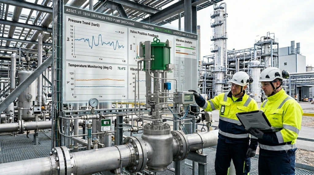 Industrial asset performance monitoring in a modern process plant, automated valve system with actuator and instrumentation, operational data overlays showing pressure trends, vibration analysis, temperature monitoring and valve position feedback, realistic engineering environment, focus on understanding asset behaviour, and condition monitoring